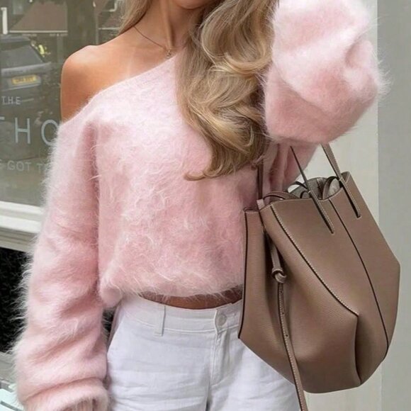 Pink Casual Women's Faux Fur Knit Loose Pullover Sweater - Picture 7 of 8